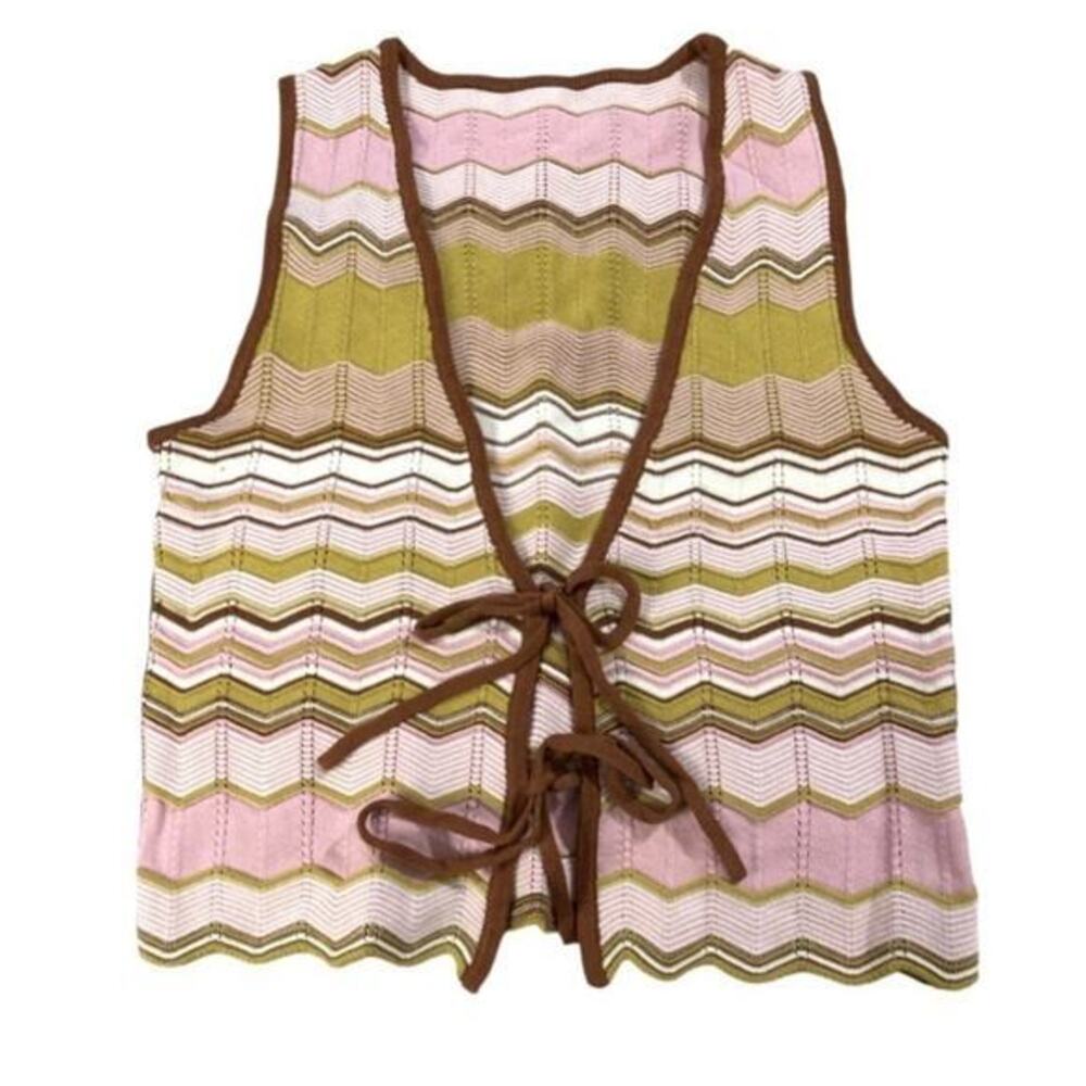 House of Harlow bubblegum pink brown Chevron tie front vest whimsy boho sz S